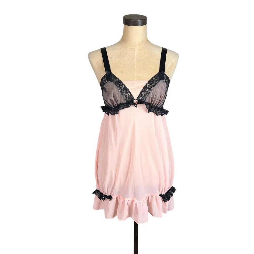 Betsey Johnson Intimates Pink Black Lace Babydoll Chemise Lingerie Small